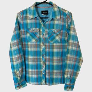 Marmot Evelyn Long Sleeve Shirt Women's Small Petite Blue Plaid Hiking Button-Up